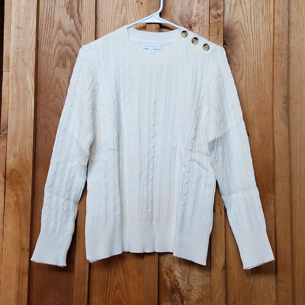 Charter Club Crew Neck Cable Knit Preppy Cotton Sweater, Medium, Ivory Cream